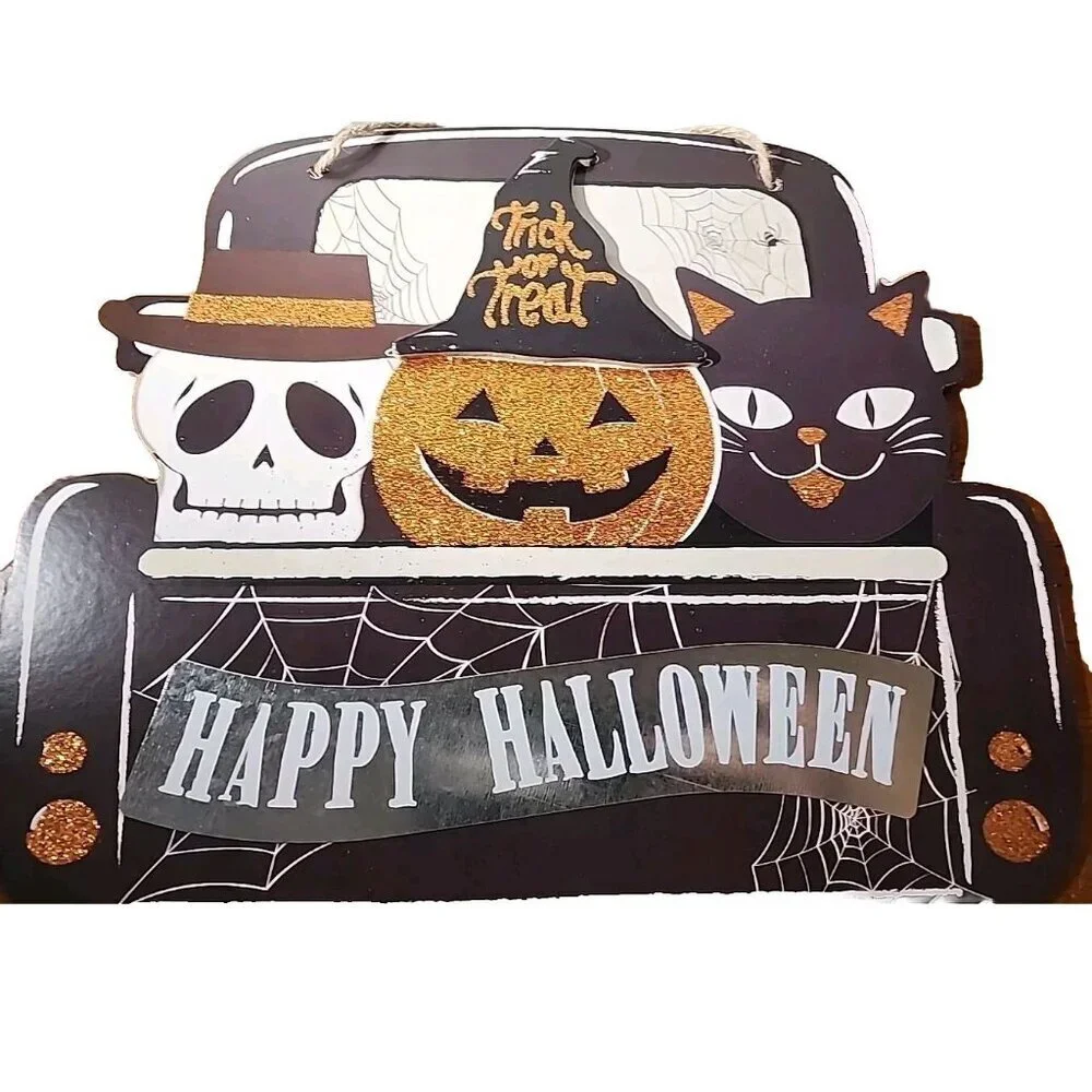 Halloween Truck Pumpkin Skull Cat Glitter Hanging Wall Door Sign Décor 11x11